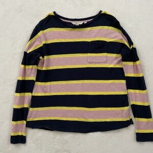 Boden Striped Boxy Tee Long Sleeve Navy Pink Yellow Pocket Top US 2